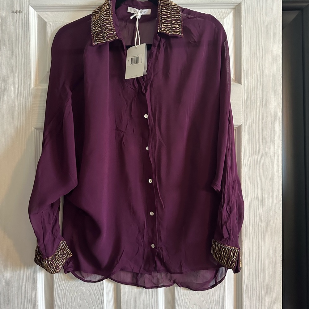 OndadeMar Beaded Neckline and Sleeve Cuffs Button Down Shirt